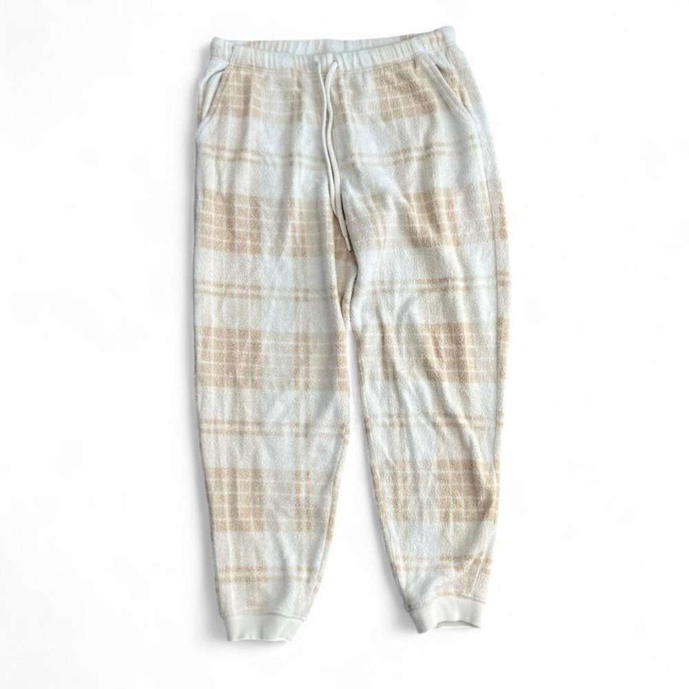 Aerie Cream Beige Plaid Fleece Jogger Pants Size Medium Cozy Lounge
